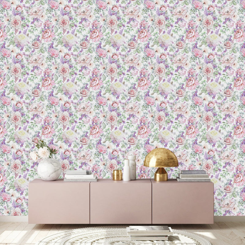 Contemporary Pink and Violet Flowers Wallpaper Tasteful