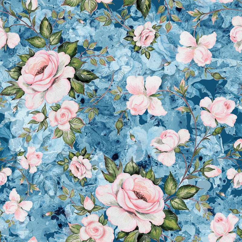 Stylish Pink Roses on Blue Wallpaper Chic