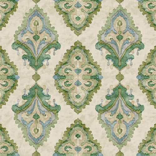 Gathered Bedskirt in Queen Bay Green, Blue Medallion Watercolor- Large Scale