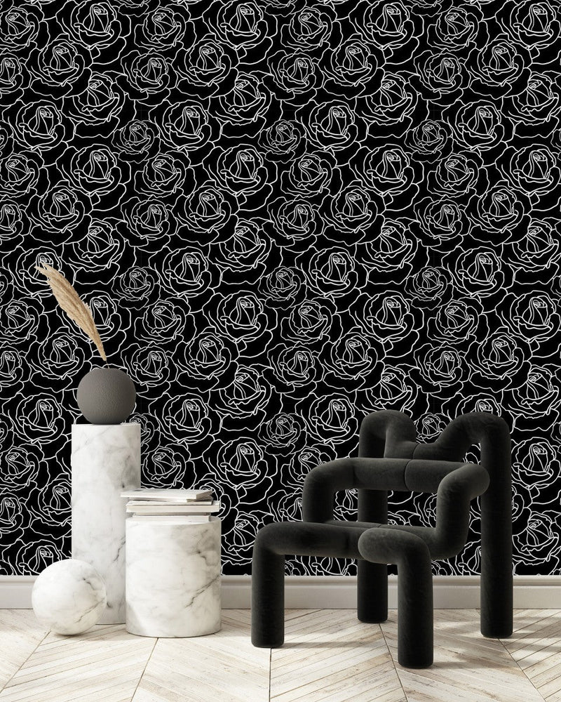 Black Wallpaper with White Floral Contours