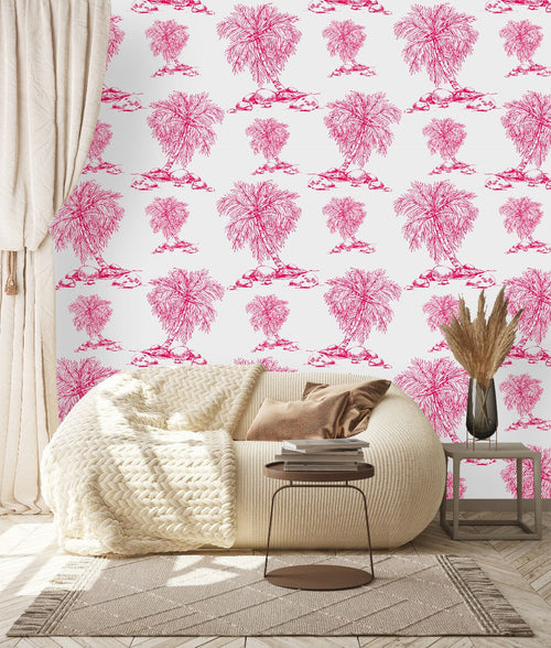 Pink Palms on White Background Wallpaper