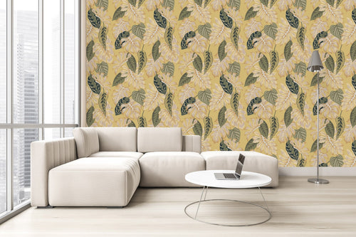 Yellow Wallpaper with Leaves Pattern