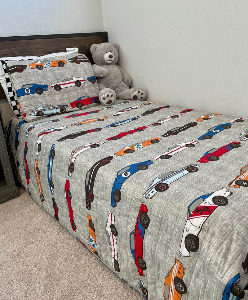 Race Cars Reversible Quilt Set + Sheet Set Combo