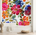 White Wallpaper with Brightly Flowers
