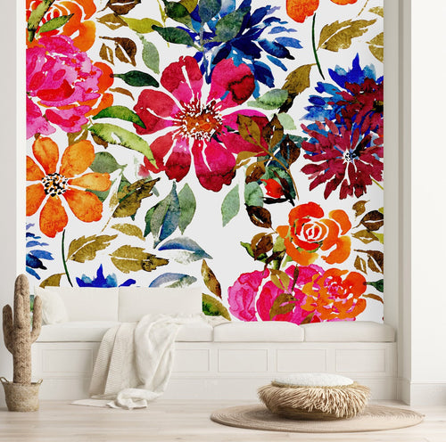 White Wallpaper with Brightly Flowers