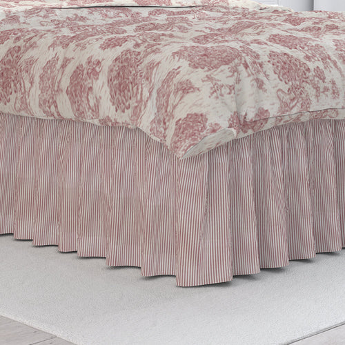 Gathered Bedskirt in Farmhouse Red Traditional Ticking Stripe on Beige