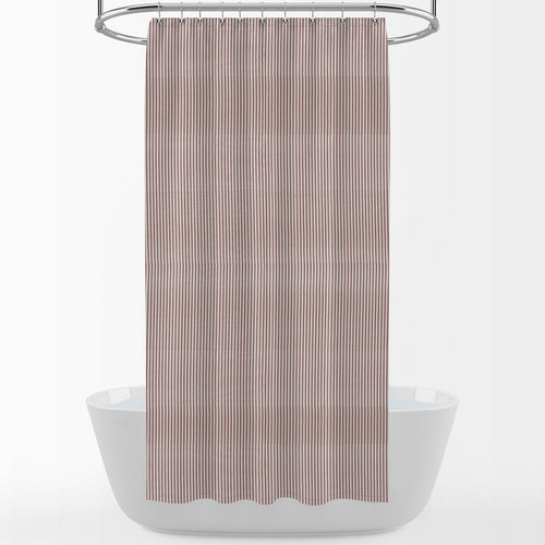 Shower Curtain in Farmhouse Red Traditional Ticking Stripe on Beige