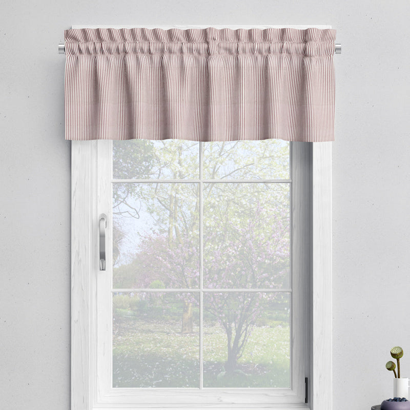 Tailored Valance in Farmhouse Red Traditional Ticking Stripe on Beige