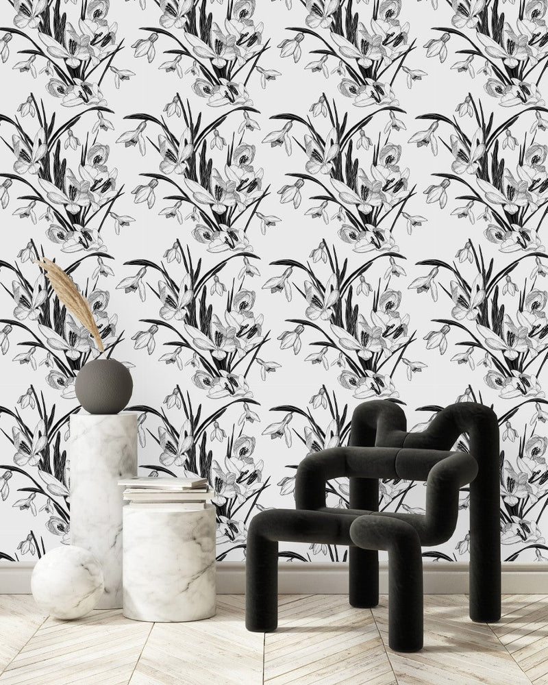 White Wallpaper with Black Flowers