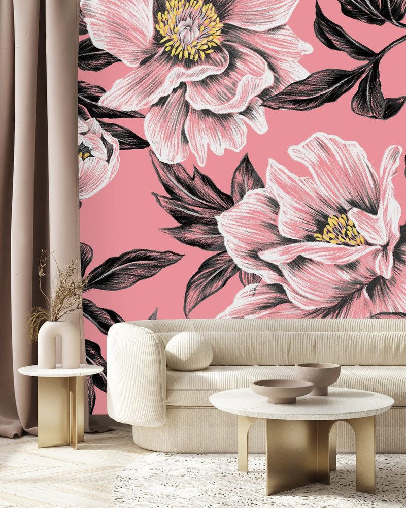 Pink Wallpaper with Large Flowers