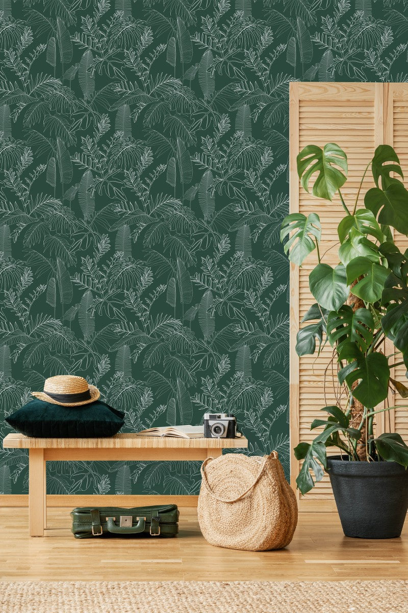 Green Wallpaper with Leaves Pattern