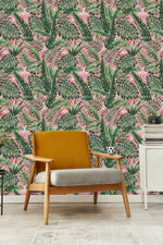 Elegant Tropical Leaves on Pink Background Wallpaper Chic