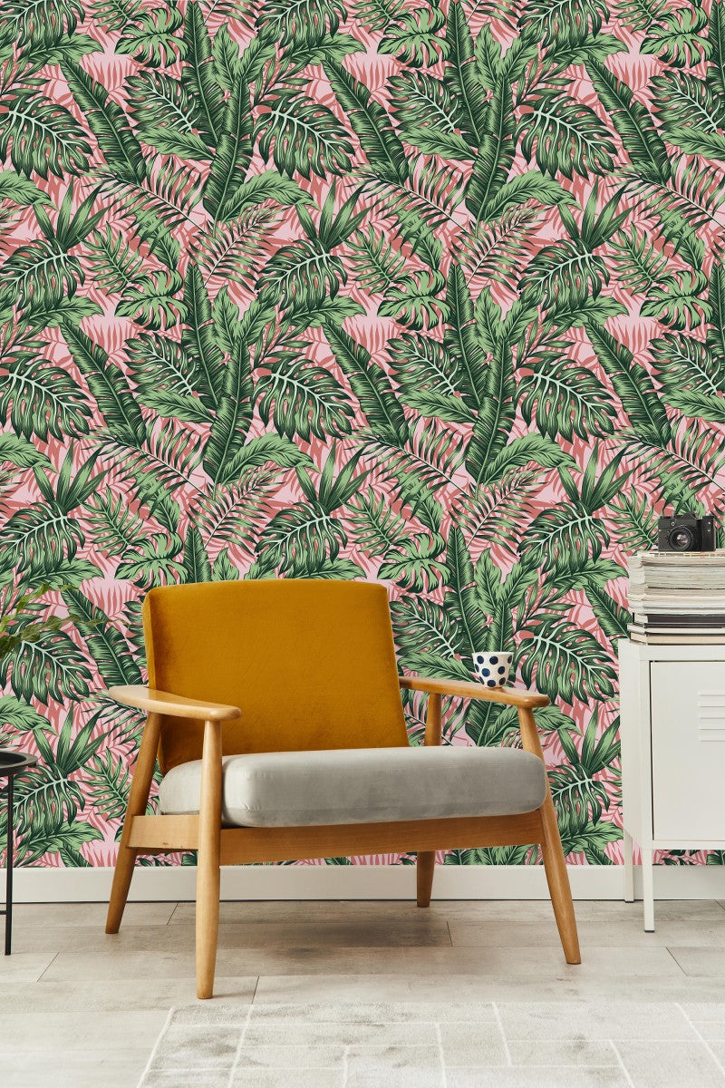 Elegant Tropical Leaves on Pink Background Wallpaper Chic