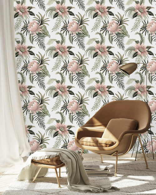 Contemporary White Wallpaper with Gentle Flowers Smart
