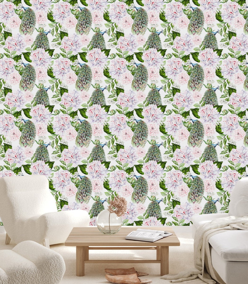 Peonies and Peacocks Wallpaper