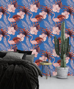 Blue Wallpaper with Pink Flamingos