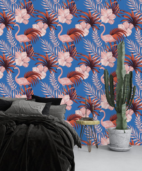 Blue Wallpaper with Pink Flamingos