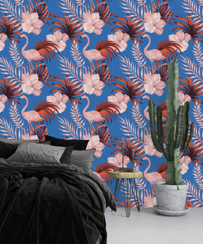 Blue Wallpaper with Pink Flamingos