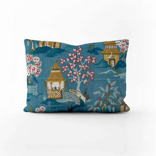 Decorative Pillows in Shoji Azure Blue Oriental Toile Multicolor Chinoiserie