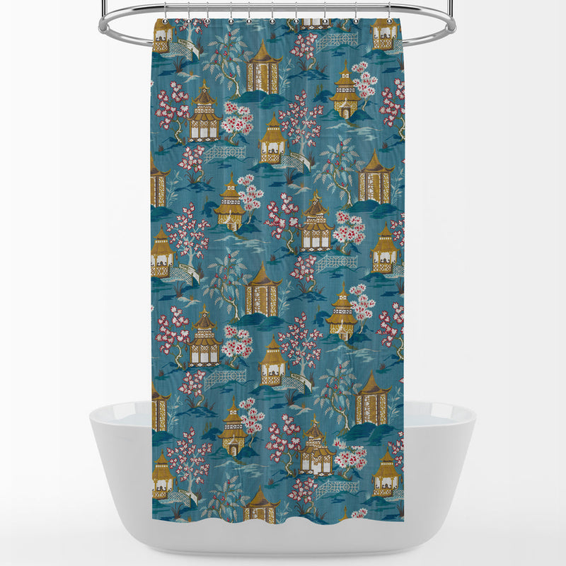Shower Curtain in Shoji Azure Blue Oriental Toile Multicolor Chinoiserie