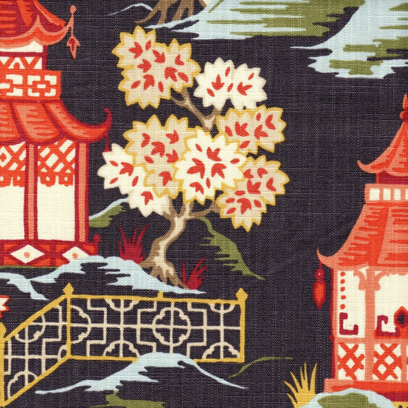 Rod Pocket Curtain Panels Pair in Shoji Lacquer Oriental Toile, Multicolor Chinoiserie