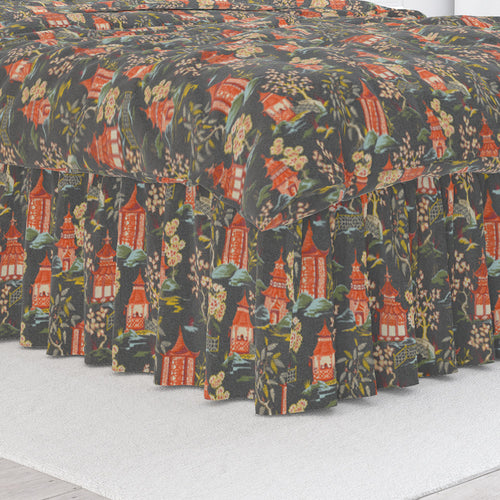 Gathered Bedskirt in Shoji Lacquer Oriental Toile, Multicolor Chinoiserie