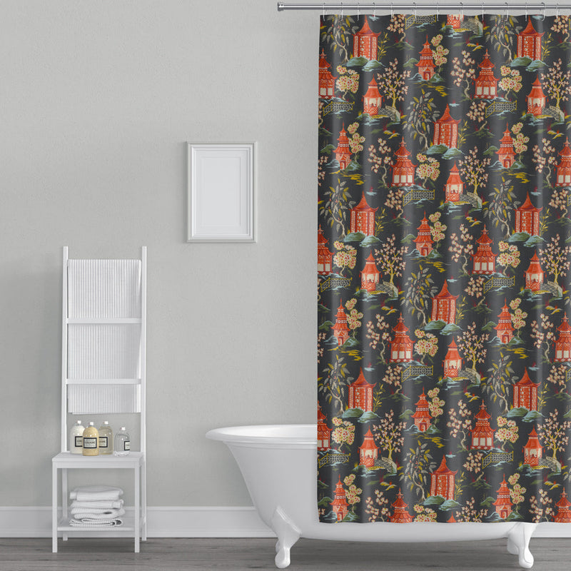 Shower Curtain in Shoji Lacquer Oriental Toile, Multicolor Chinoiserie
