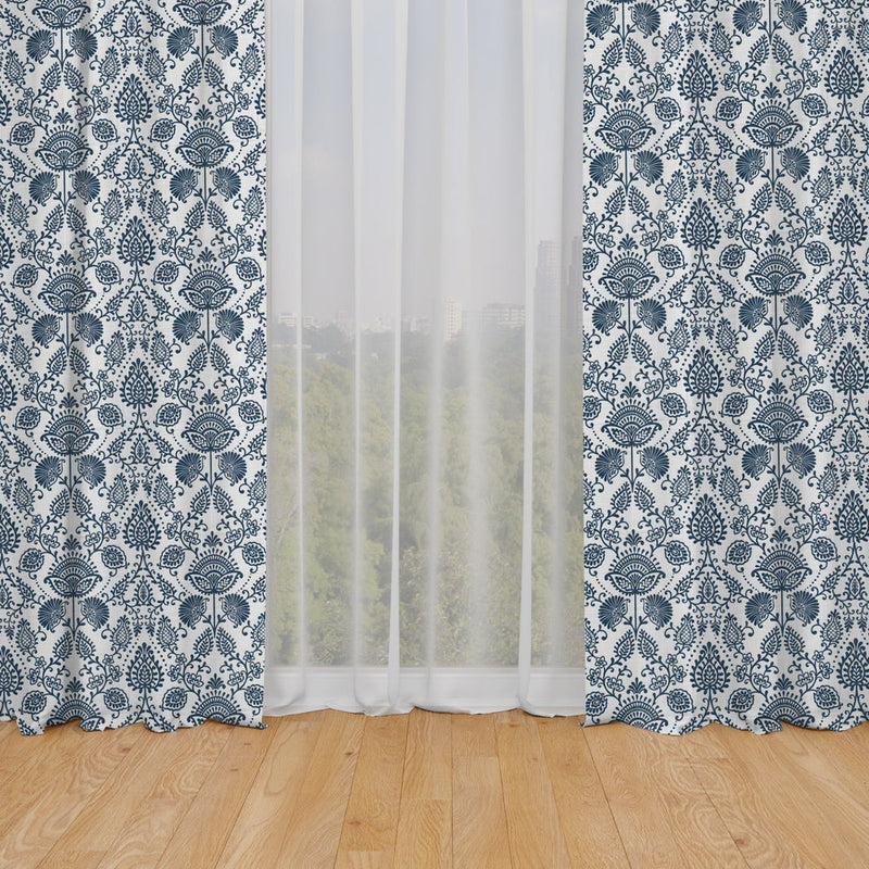 Rod Pocket Curtain Panels Pair in Silas Italian Denim Blue Country Floral