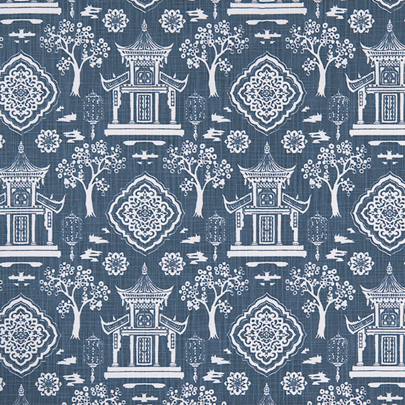 Gathered Bedskirt in Spirit Regal Navy Blue Oriental Toile