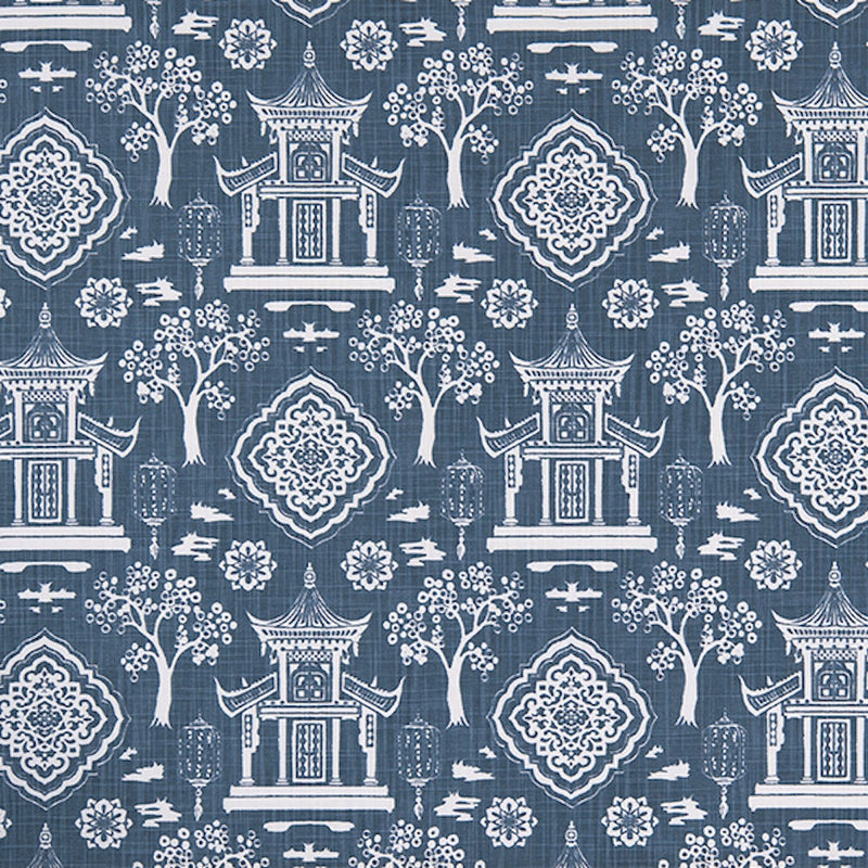 Gathered Bedskirt in Spirit Regal Navy Blue Oriental Toile