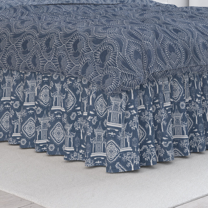 Gathered Bedskirt in Spirit Regal Navy Blue Oriental Toile