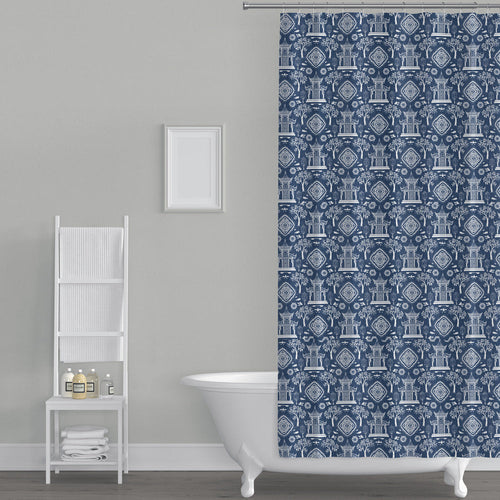 Shower Curtain in Spirit Regal Navy Blue Oriental Toile