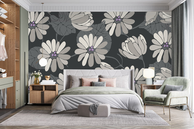 Modish Grey Flowers Wallpaper