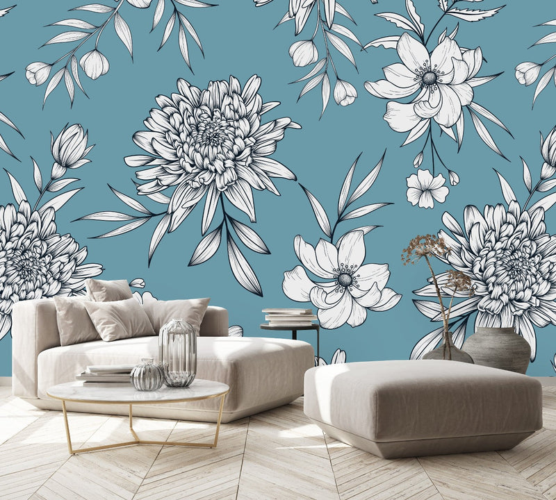 Blue Wallpaper with Asters