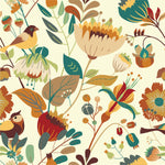 Beige Birds and Flowers Wallpaper