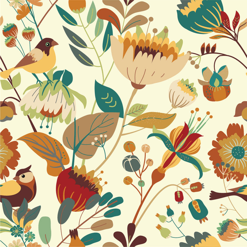 Beige Birds and Flowers Wallpaper