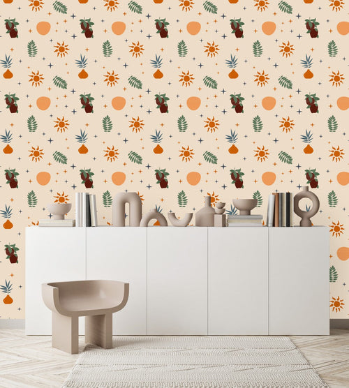 Beige Wallpaper with Plants