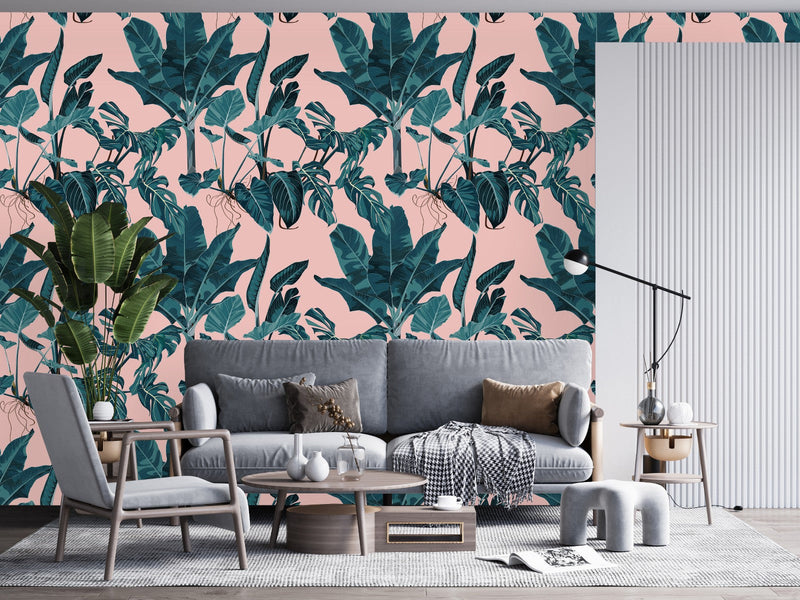 Pink Wallpaper with Large Leaves