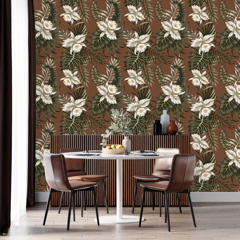 Brown Wallpaper with White Flowers