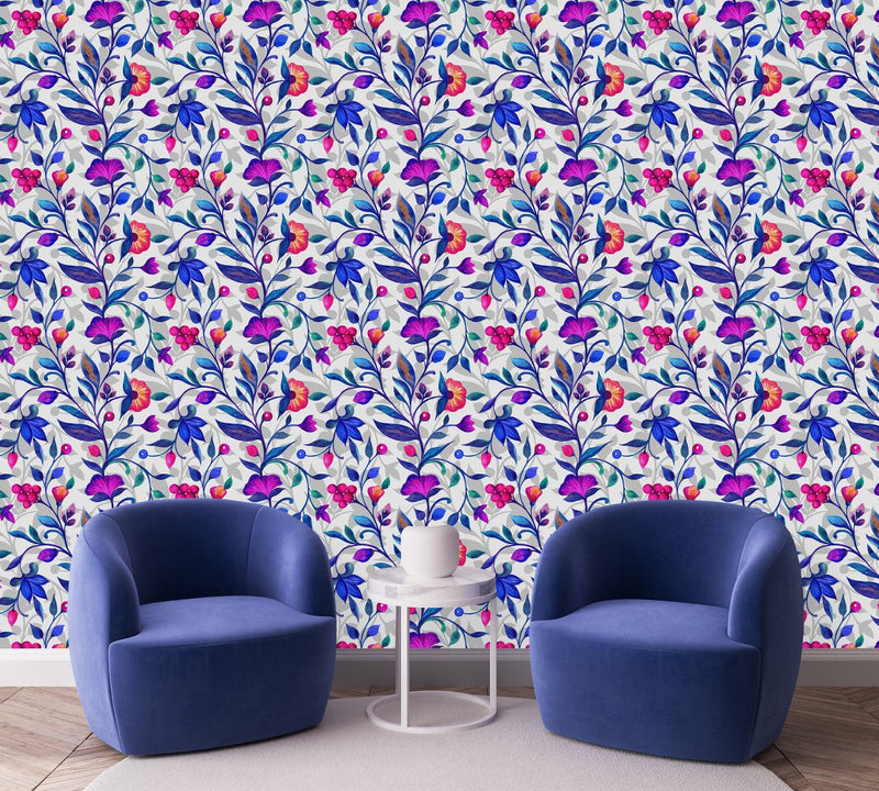 Blue Floral Leaves Wallpaper