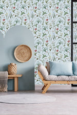 Botanical Flowers on Blue Background Wallpaper