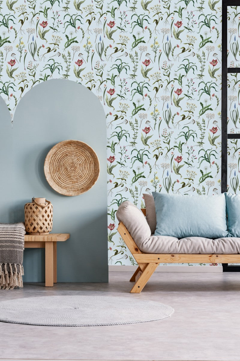 Botanical Flowers on Blue Background Wallpaper
