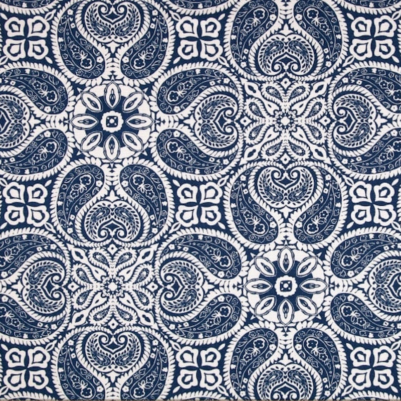 Gathered Bedskirt in Tibi Navy Blue Geometric Paisley