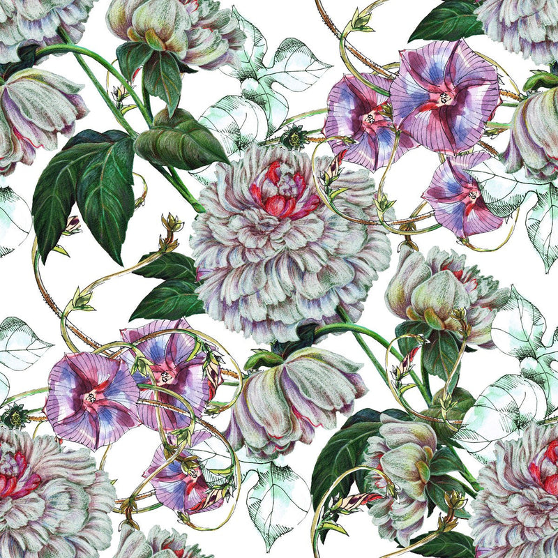 White Floral Wallpaper with Peonies