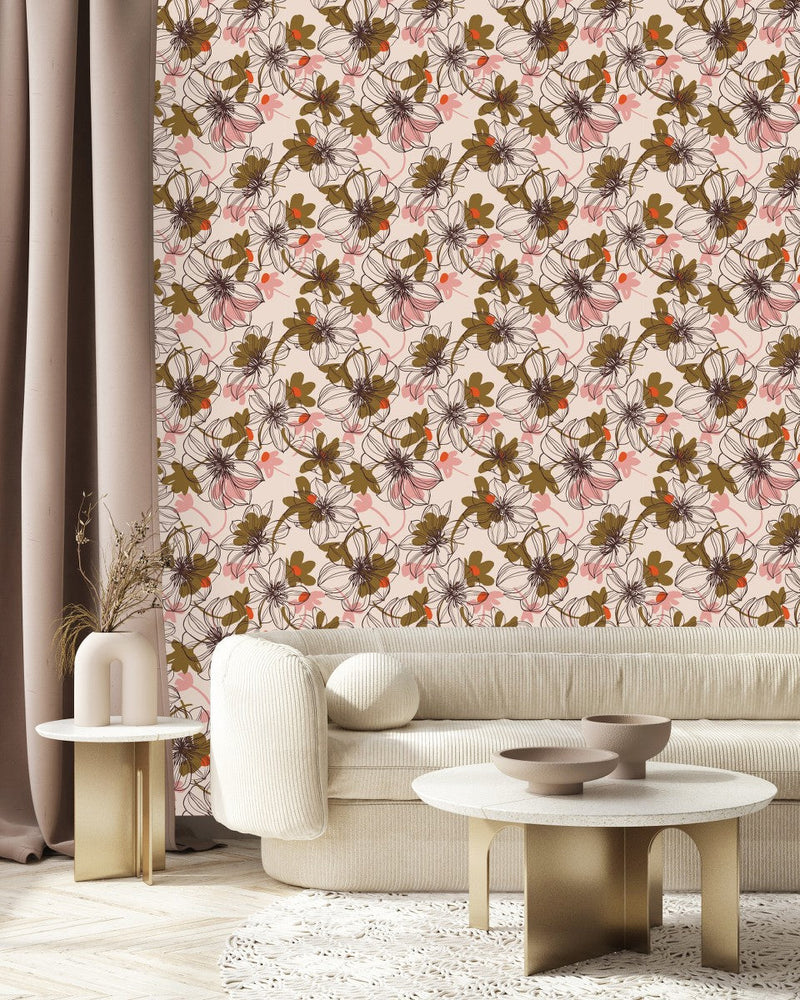 Pink Wallpaper with Brown Floral Outline