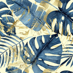 Blue Monstera Leaves with Gold Print Wallpaper