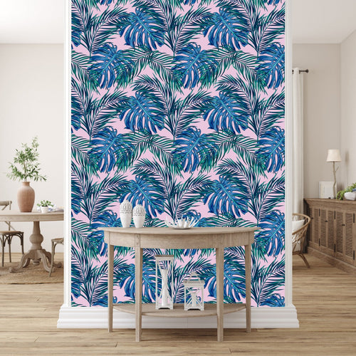 Blue and Green Exotic Leaves Wallpaper