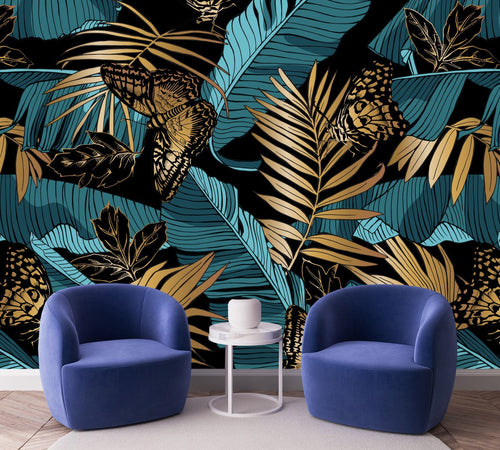 Blue and Gold Leaves Wallpaper