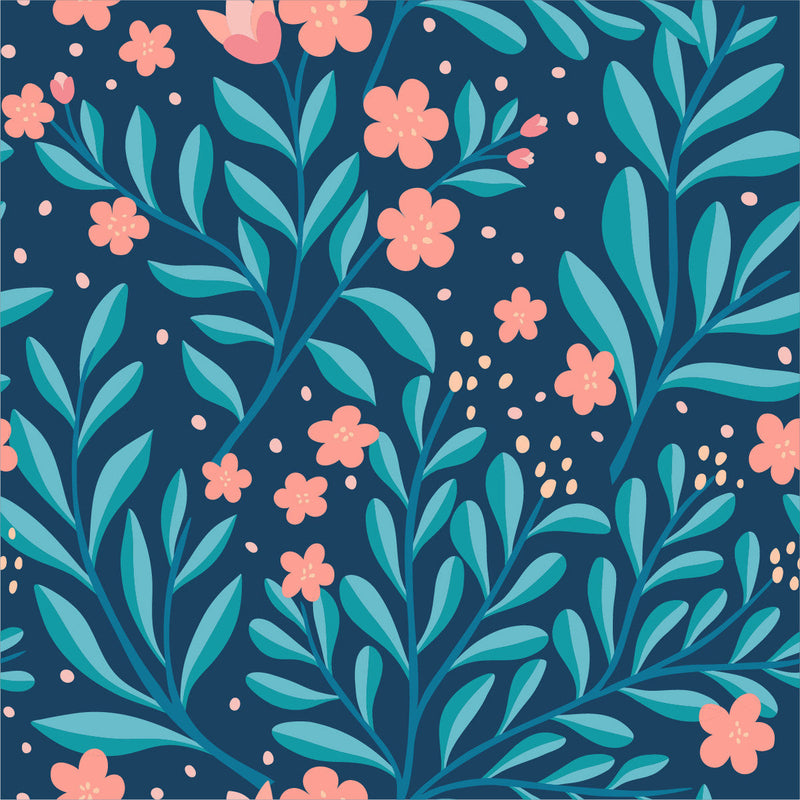 Voguish Blue Leaves with Pink Flowers Wallpaper Chic