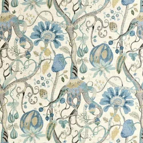 Tailored Bedskirt in Tudor Antique Blue Jacobean Floral, Tree of Life, Large Scale Multi-Color
